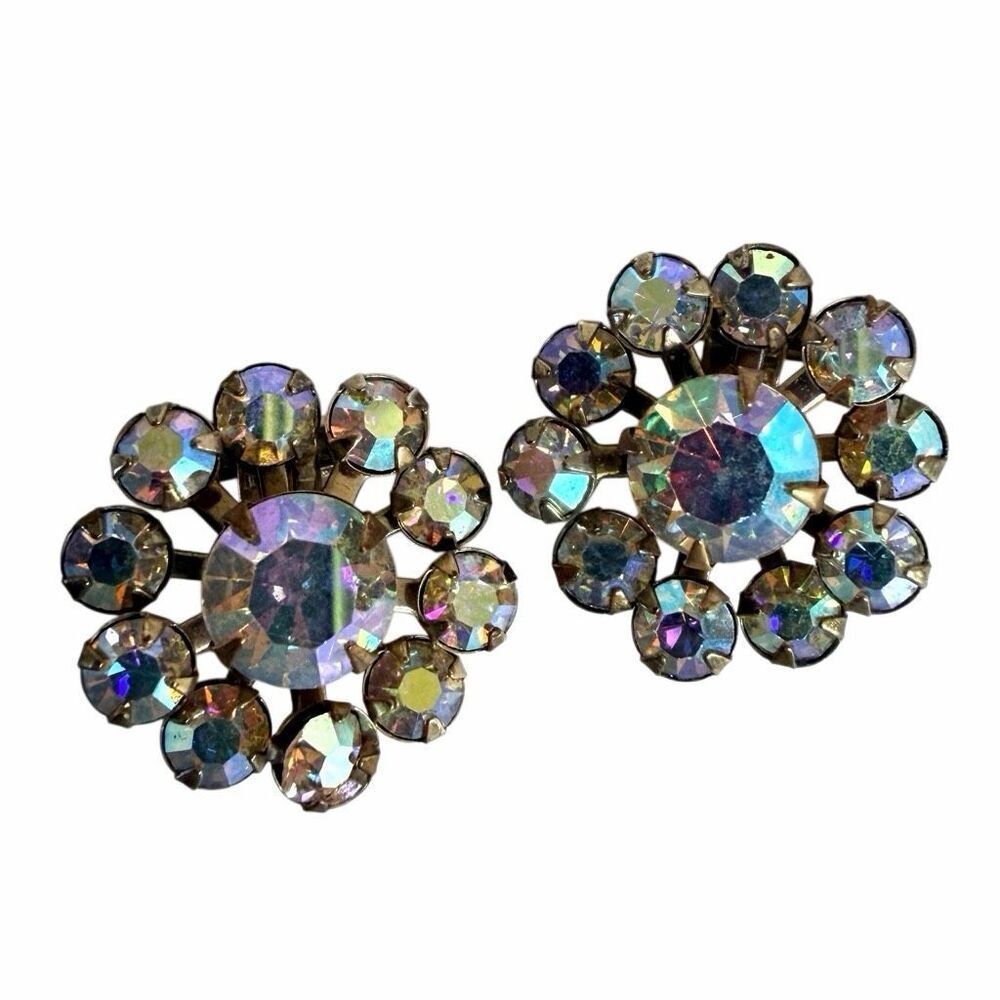 Vintage Aurora Borealis Rhinestone Cluster Clip Earrings